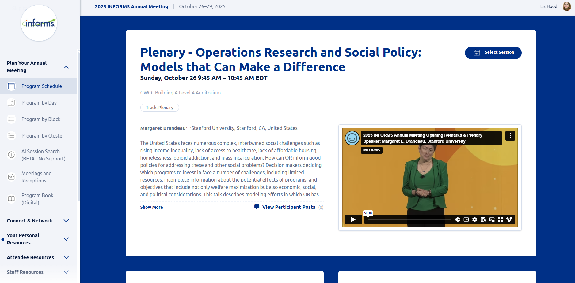 View of a plenary session recording in the mobile app on desktop.